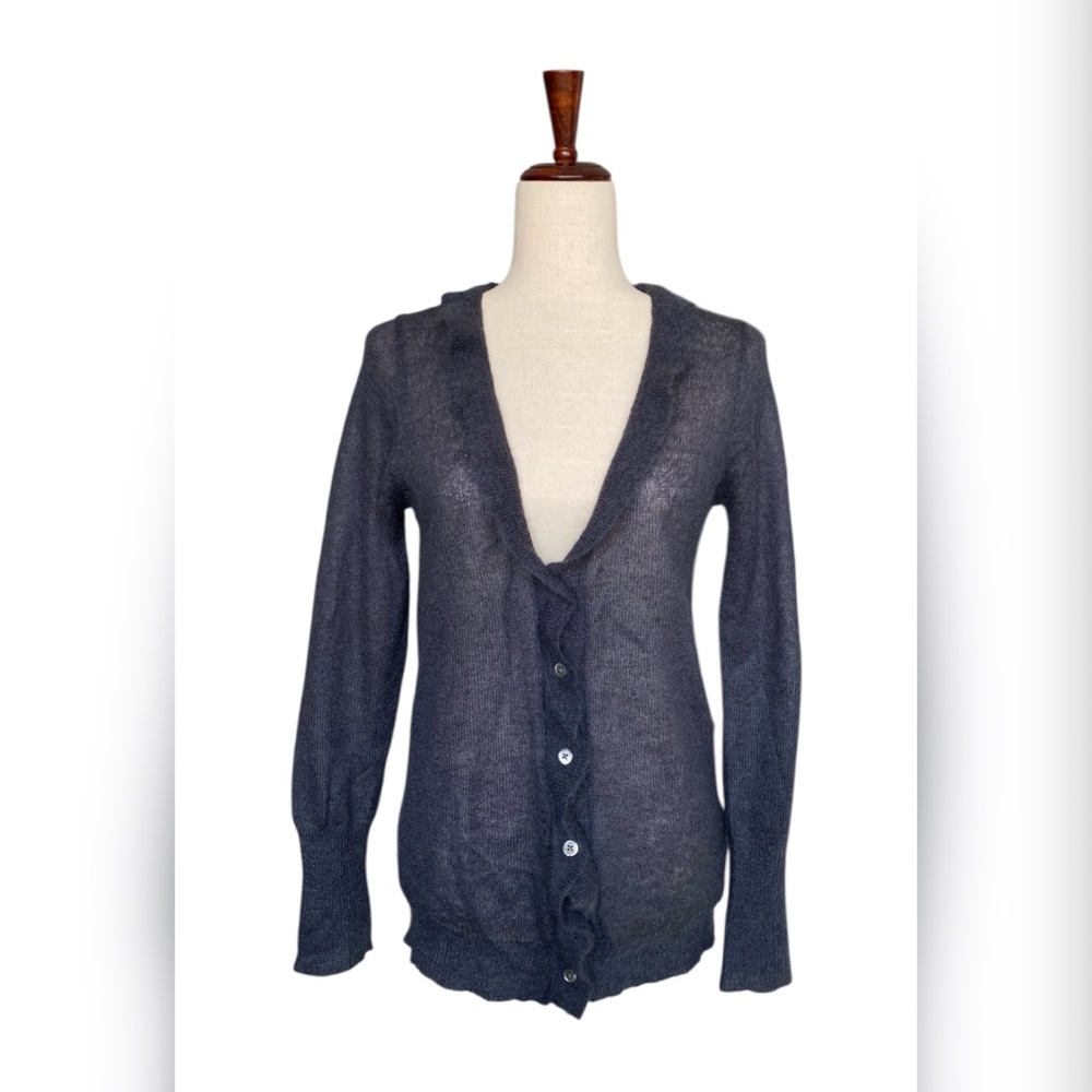 J Crew Mohair Wool Ruffle Button  Up Cardigan Sweater V-Neck Gray Medium